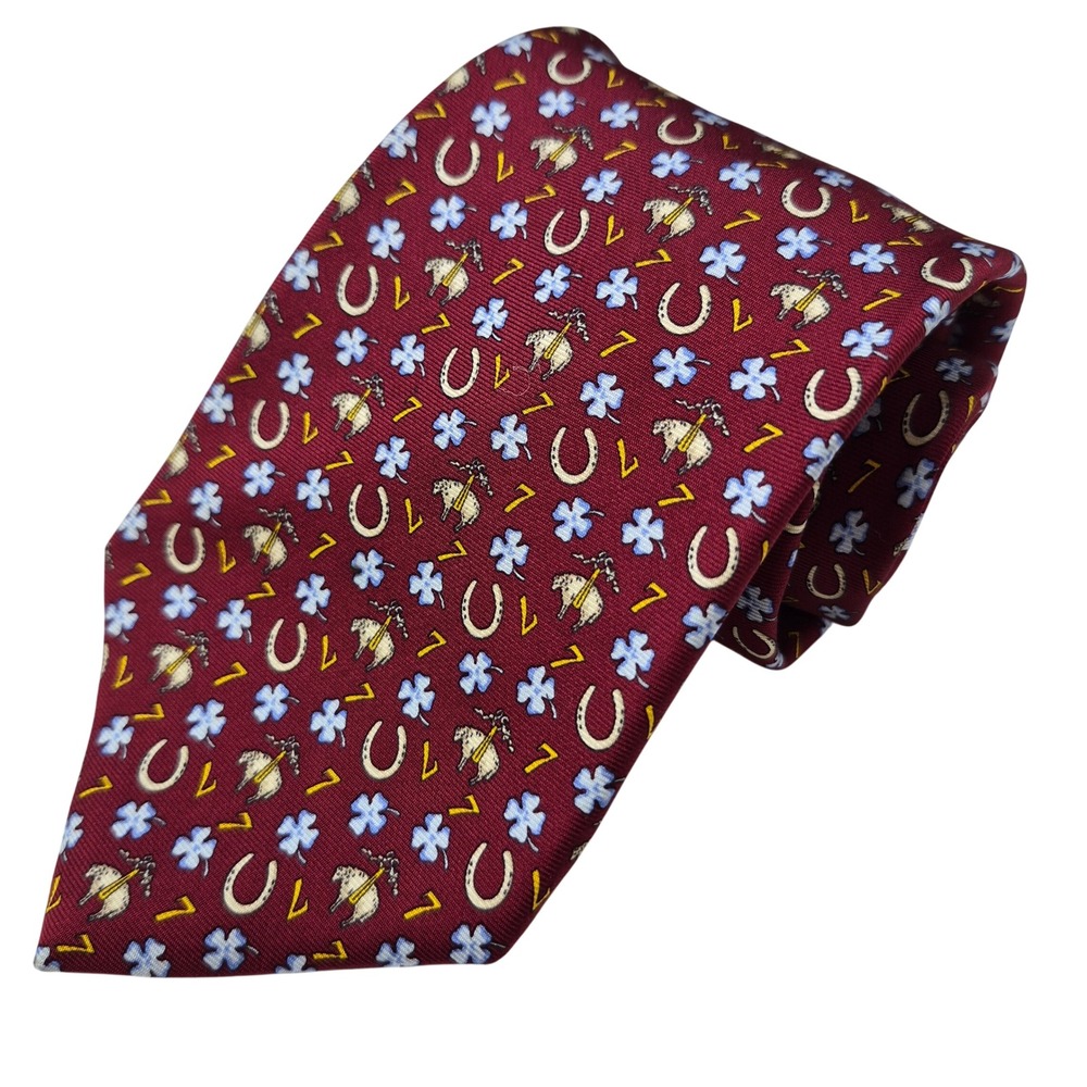 Brooks Brothers Tie Mens Burgundy Silk Necktie‎ Lucky Symbols Horseshoe Clover